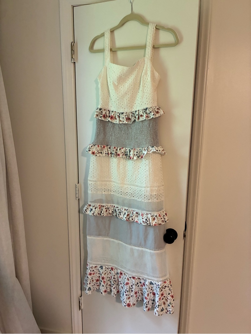 White Eyelet Tiered Ruffle Maxi Dress with Floral Trim
